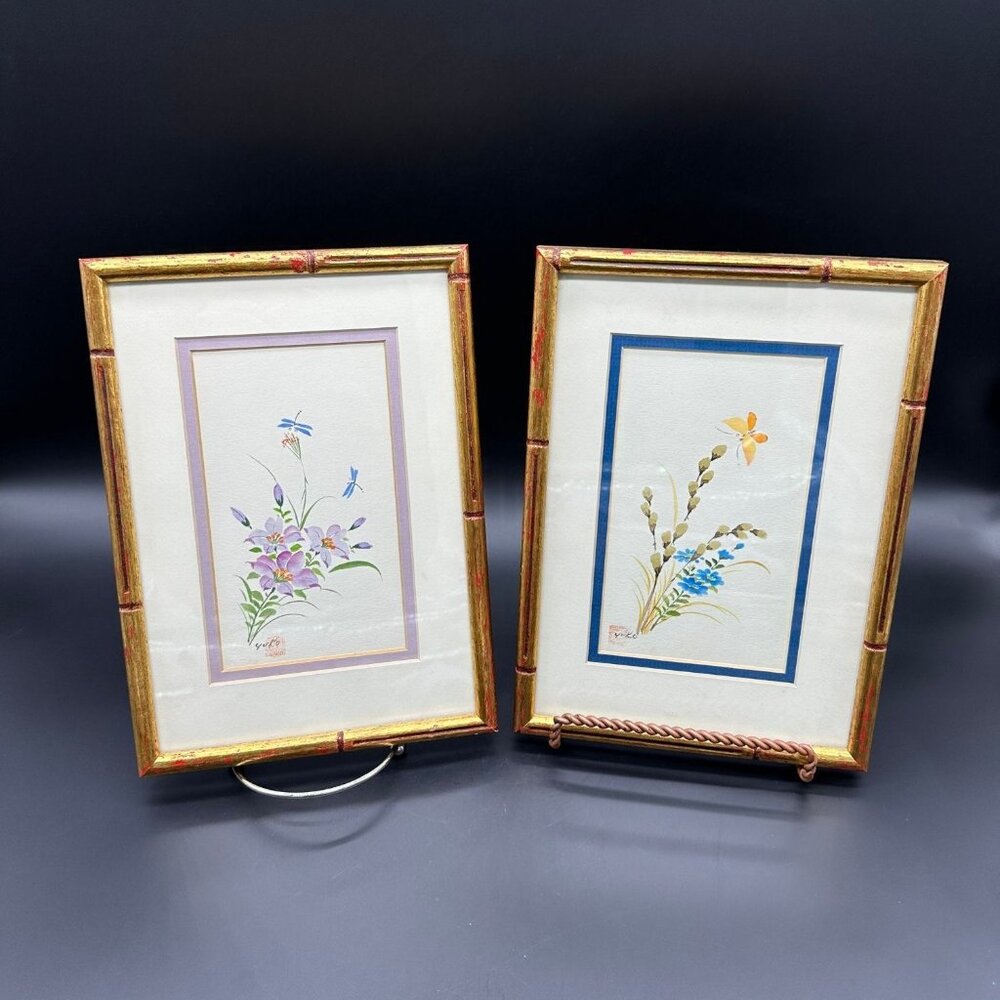 Vintage Floral Prints Gold Bamboo Style Frame Wall Hanging Yuko Asian Art Flower